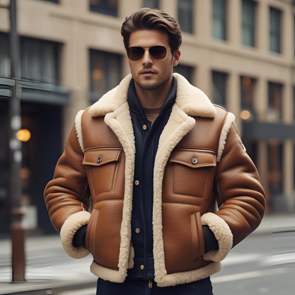 A stylish man wearing a brown shearling jacket with cream-colored fur lining, standing outdoors in an urban setting.

