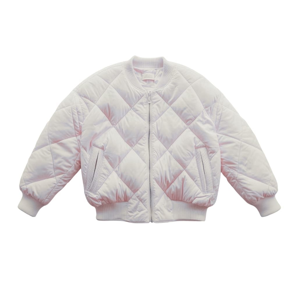 A light pink quilted bomber jacket with a front zipper, two side pockets, and ribbed cuffs and hem, laid flat against a white background.

