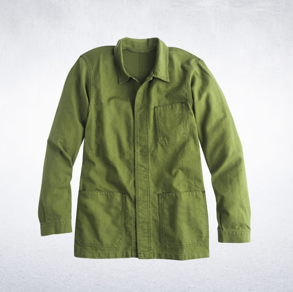 A green cotton work jacket with a front pocket, displayed against a light background.