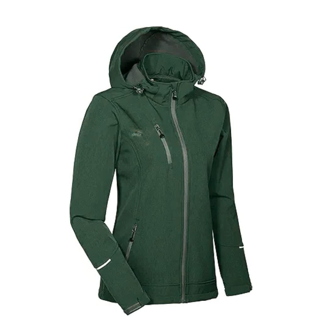 A dark green outdoor softshell jacket with multiple zippered pockets, a hood, and adjustable features, designed for outdoor weather protection.

