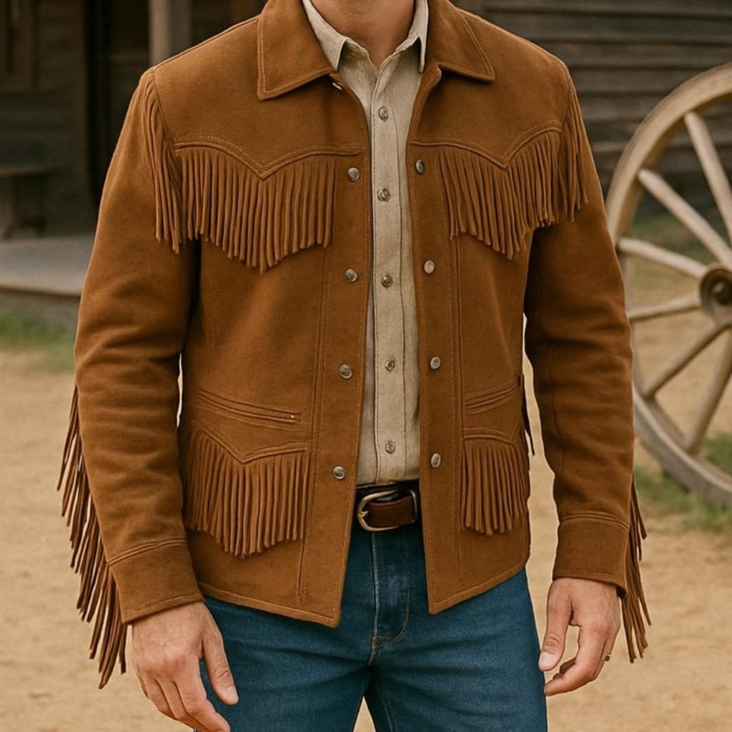 Man wearing a brown suede fringe jacket with jeans and boots for a rugged street style look.
