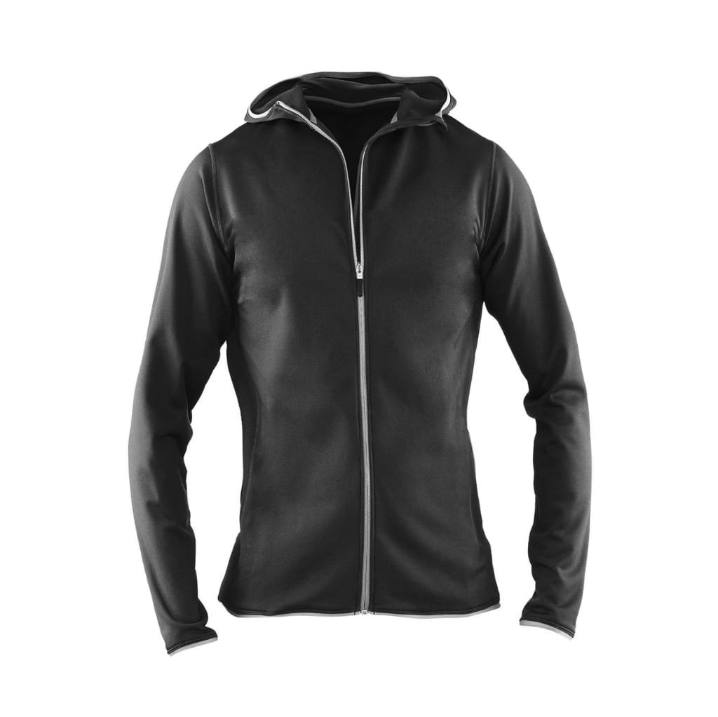A sleek black minimalist bomber jacket with a front zipper and a hood, displayed against a white background.