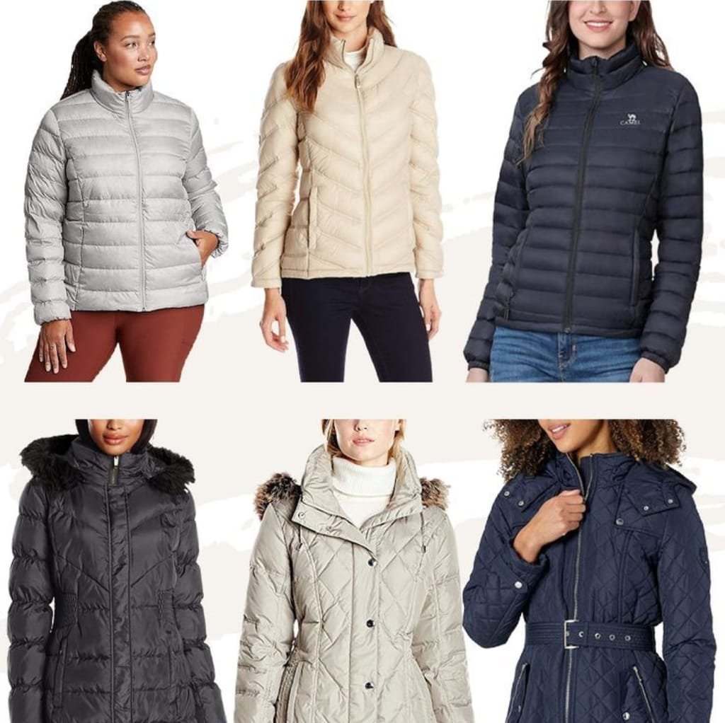 A collection of six women modeling different stylish and functional winter jackets, featuring various colors, fittings, and designs suitable for cold weather.