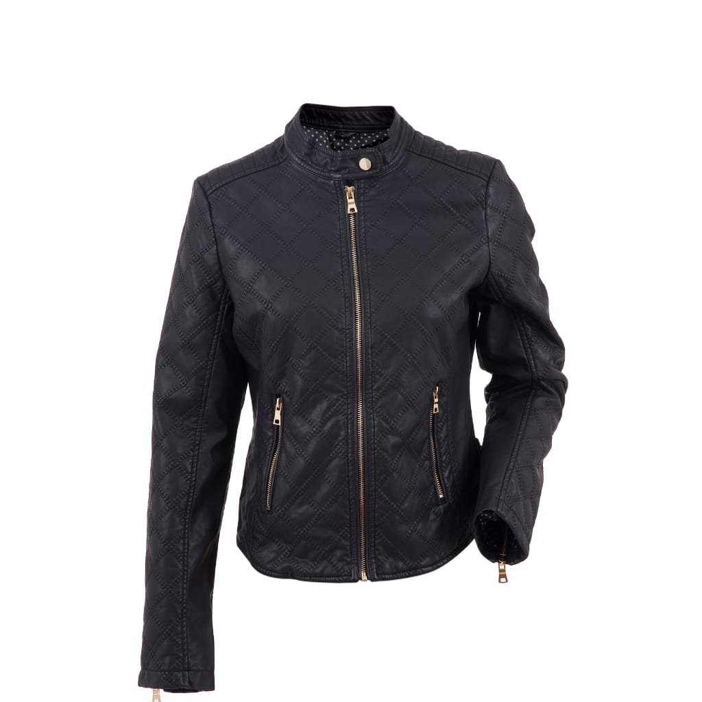 A black technical jacket with a high collar and zipper, shown against a plain white background.

