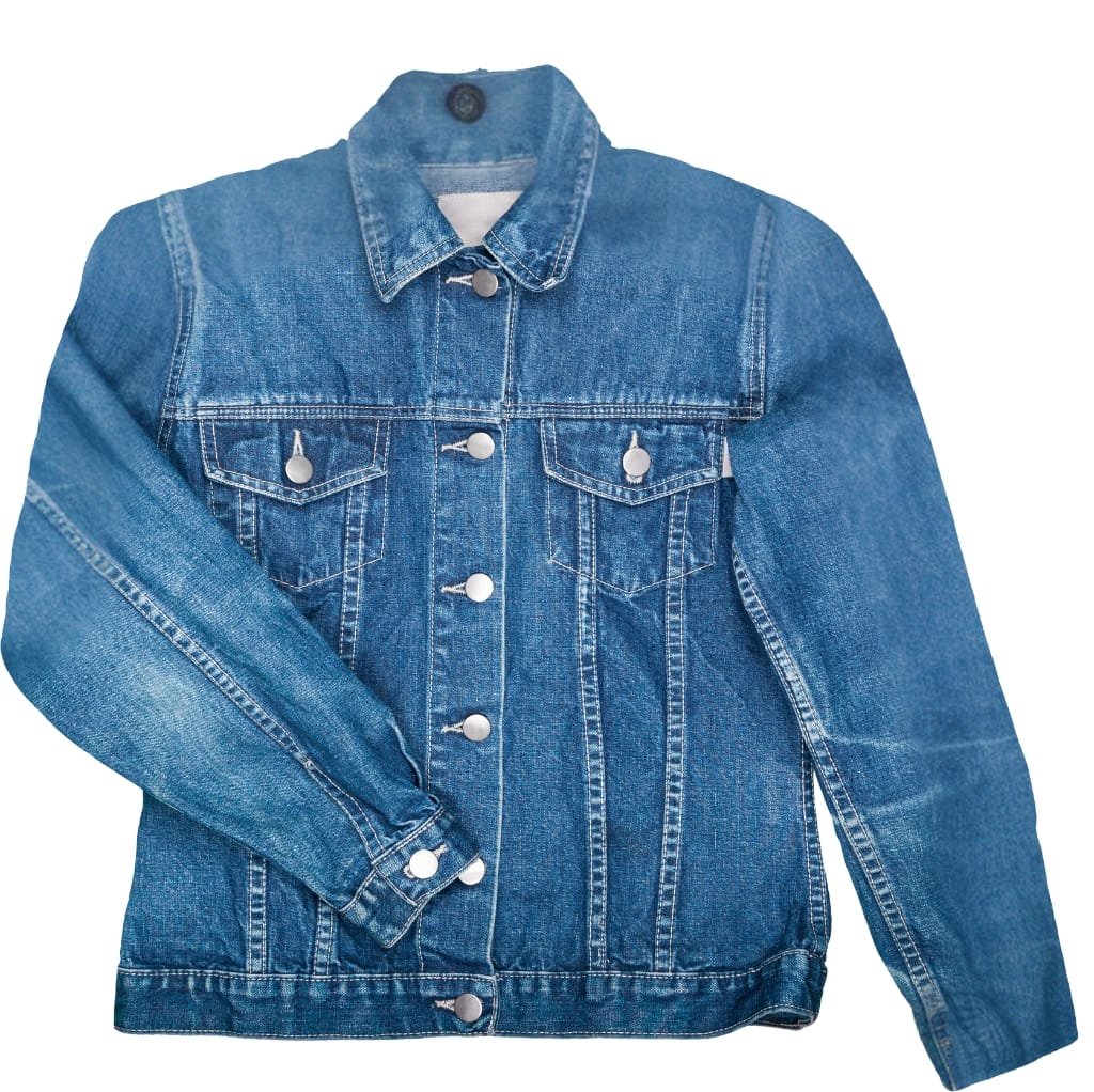 A classic blue denim bomber jacket with metal buttons, featuring a collar, chest pockets, and visible stitching.
