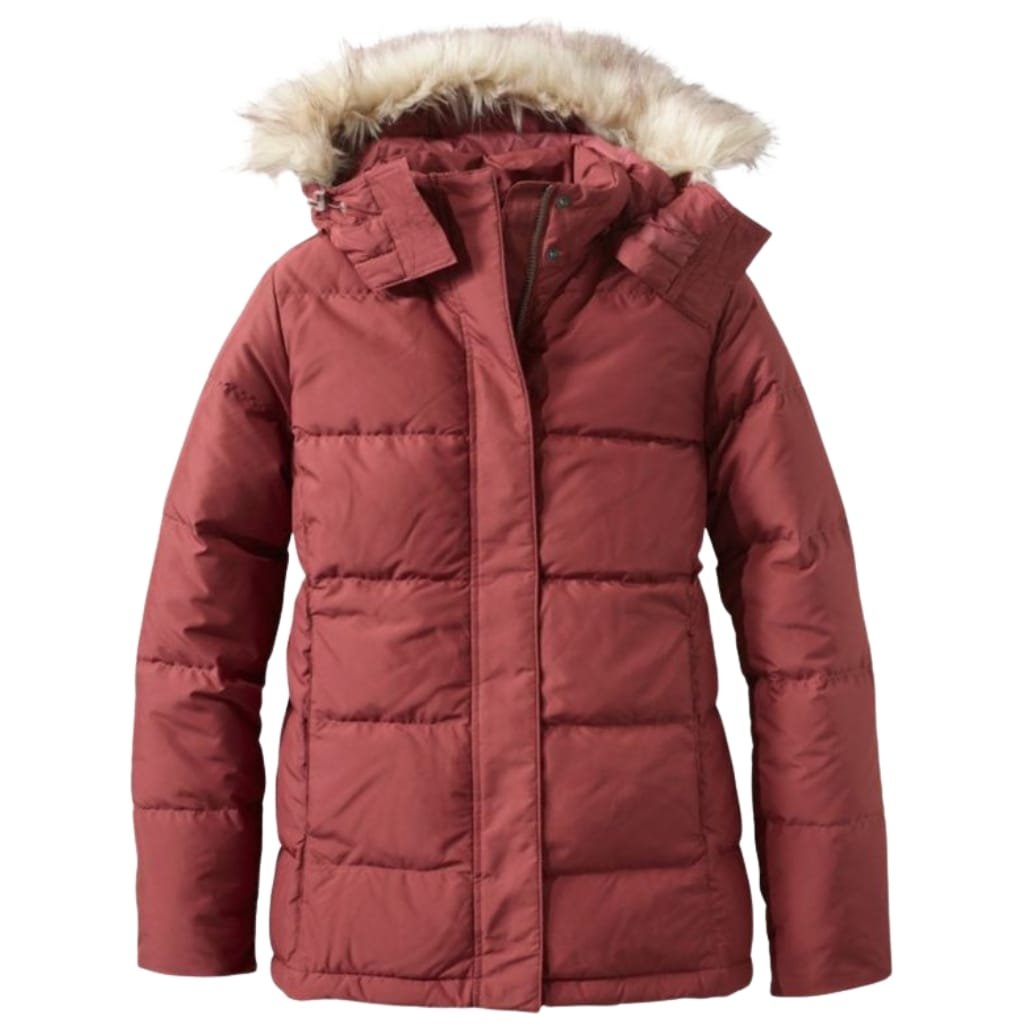 A red insulated winter jacket with a fur-lined hood displayed against a white background.

