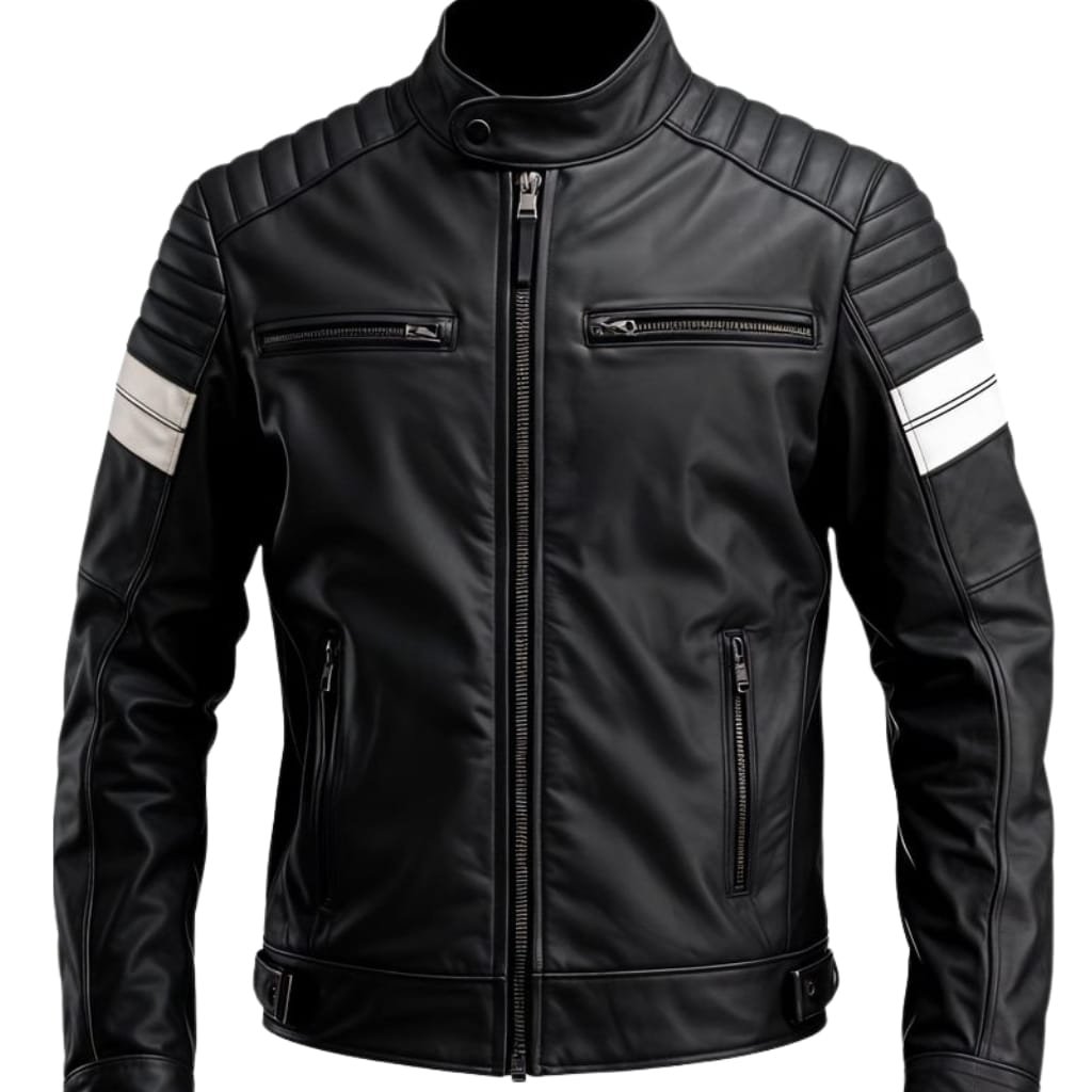 A sleek, black leather classic biker jacket featuring quilted shoulder and arm detailing, zippered chest and side pockets, and a stand-up collar with a snap-button closure.

