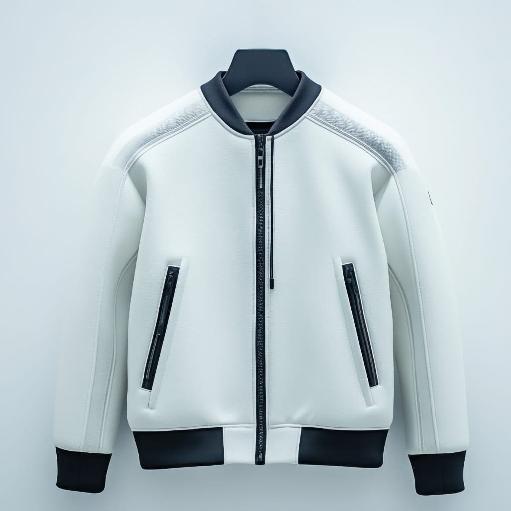 A sleek, modern white bomber jacket with black accents on the collar, cuffs, waistband, and zippered pocket details, hanging on a black hanger against a plain light background.

