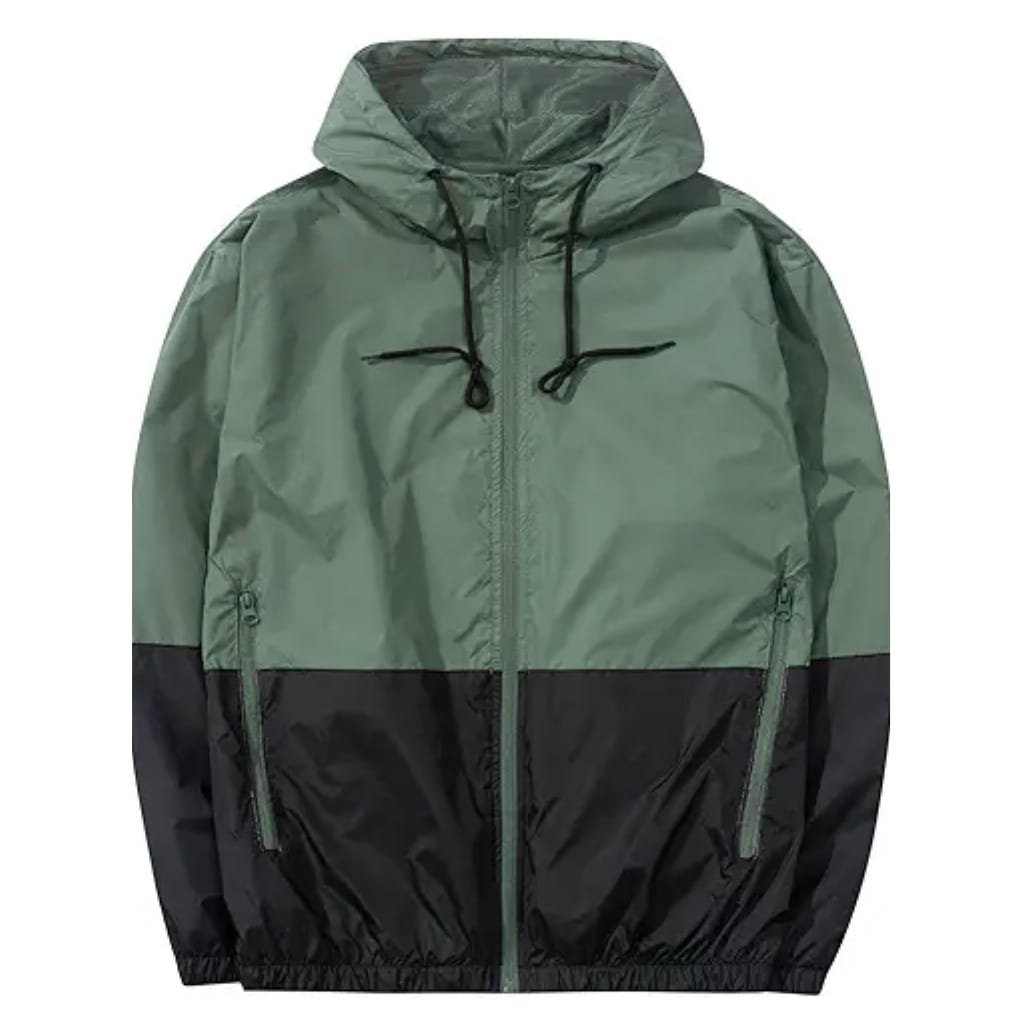 A men's windbreaker jacket featuring a two-tone color design with light green on the top half and black on the bottom half, equipped with a hood, front zipper, and zippered side pockets.

