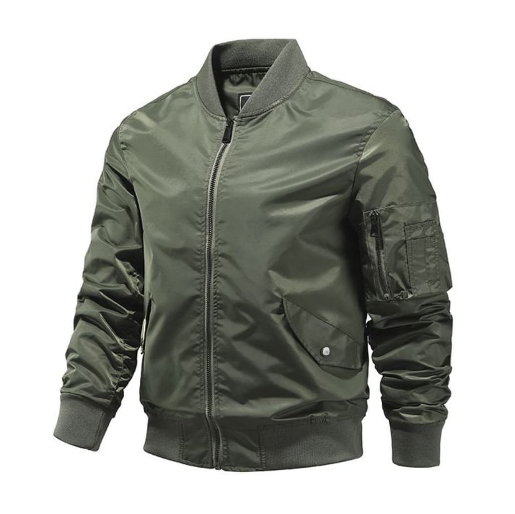 A stylish oversized bomber jacket in olive green with a shiny, smooth finish, featuring a rib-knit collar, cuffs, and hem, along with utility-style pockets on the sleeve and front.
