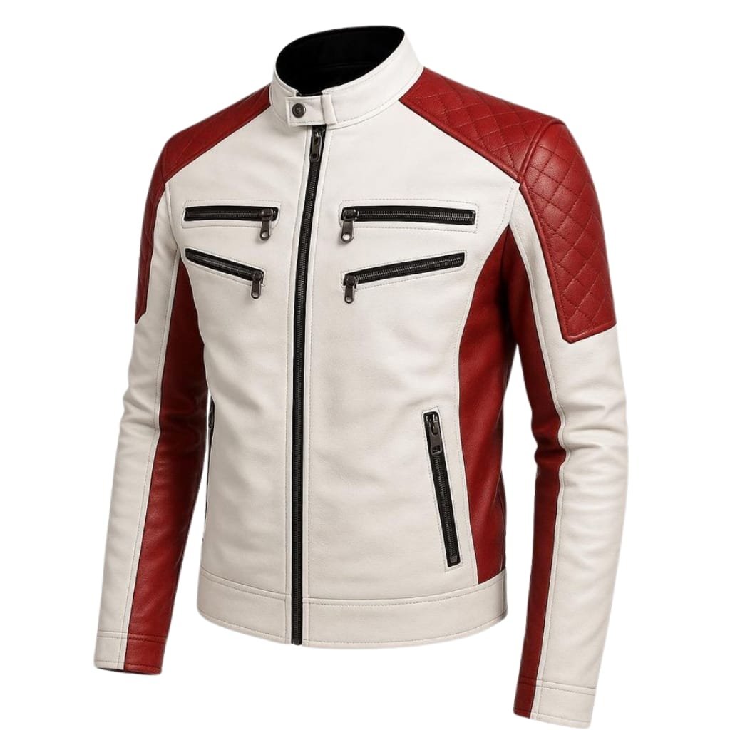 A stylish men's motorcycle jacket with a white body, red quilted shoulder panels, and red stripes down the sleeves. It features multiple black zippered pockets on the front and a stand-up collar with a button closure.

