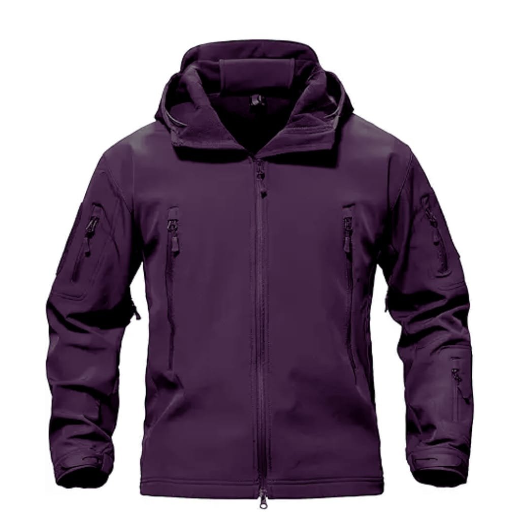A dark purple fleece jacket with multiple zippered pockets and a hood, displayed against a white background.