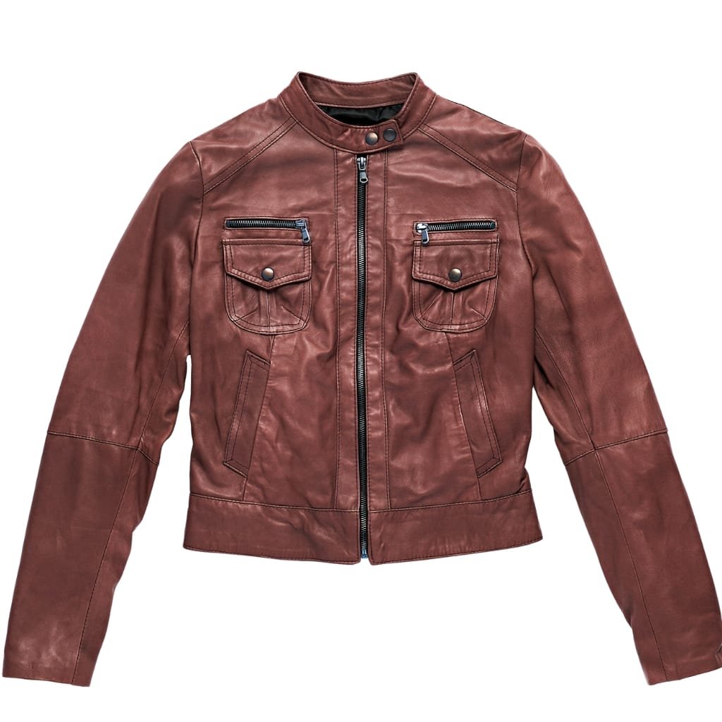 A reddish-brown leather utility jacket with a zip front and multiple pockets, featuring snap buttons and zippered compartments on the chest and sides.

