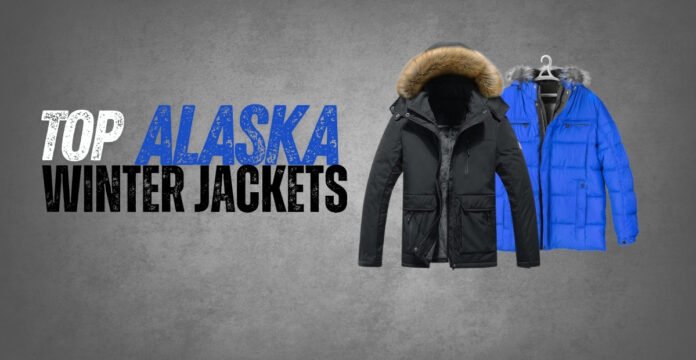 Image of two winter jackets, one black with a fur-lined hood and one bright blue, against a gray background. Text on the left reads 