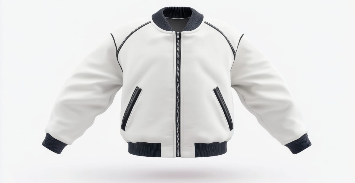 Top Bomber Jacket Styles Blending Comfort, Edge, and Elegance White bomber jacket with black accents, featuring black trim on the collar, cuffs, waistband, and pocket zippers.