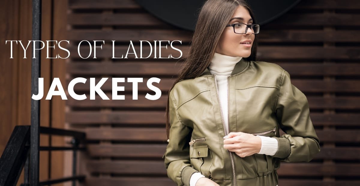 Types of Ladies Jackets: Top Styles for Every Season A woman with long brown hair and glasses is wearing an olive green bomber jacket over a white turtleneck, standing outdoors against a wooden backdrop.