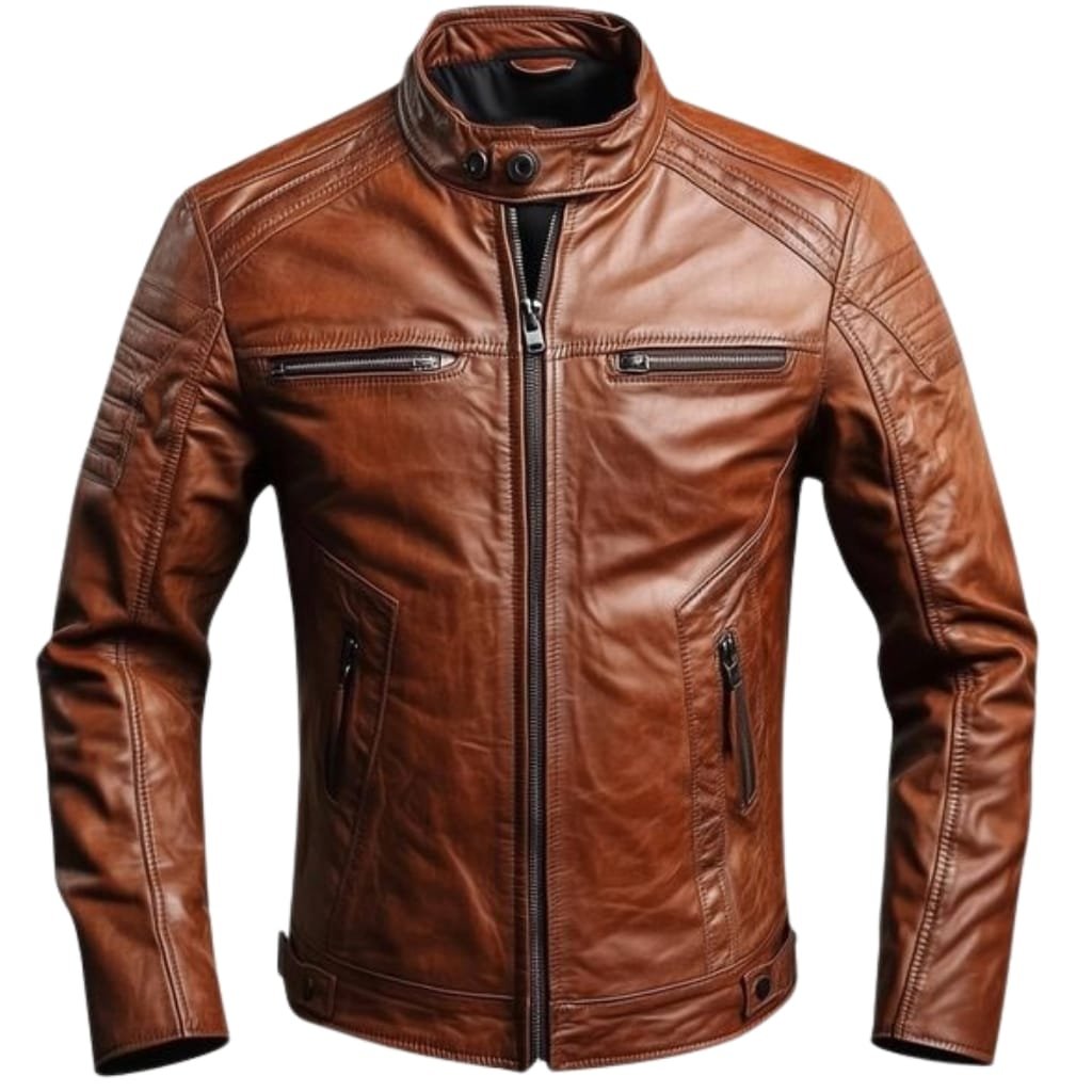 Top Racer Jacket Looks That Never Go Out of Style 7 A vintage-inspired brown leather racer jacket with a high collar, multiple zippered pockets, and detailed stitching.