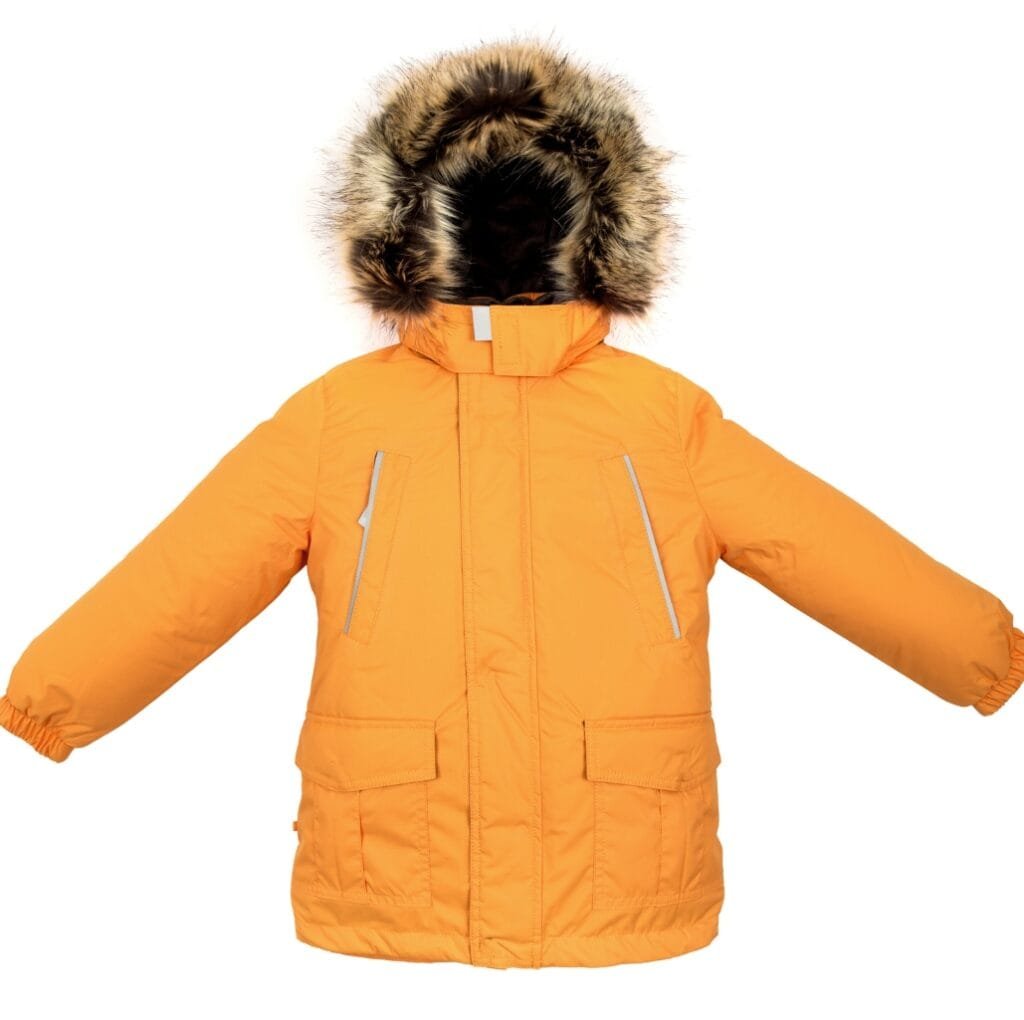 A bright orange winter parka jacket with a fur-lined hood, displayed against a white background.