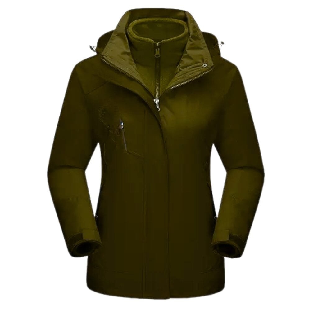 A dark green, insulated winter parka jacket with multiple zippers and stitched detailing, designed for warmth and outdoor wear.