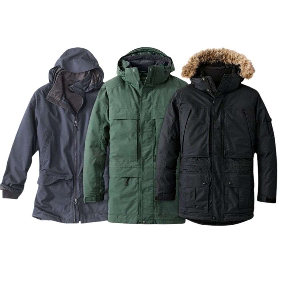 Three insulated winter parkas in gray, green, and black, displayed side by side on a white background, featuring hoods and multiple pockets.