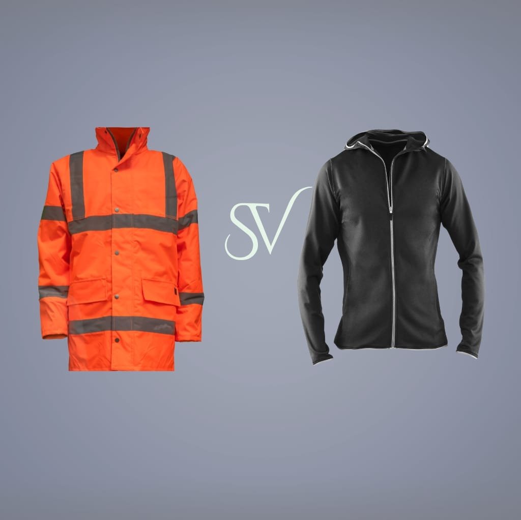 Comparison image of two jackets: a bright orange high-visibility waterproof jacket on the left and a sleek black water-resistant jacket on the right, with a large square root symbol between them.