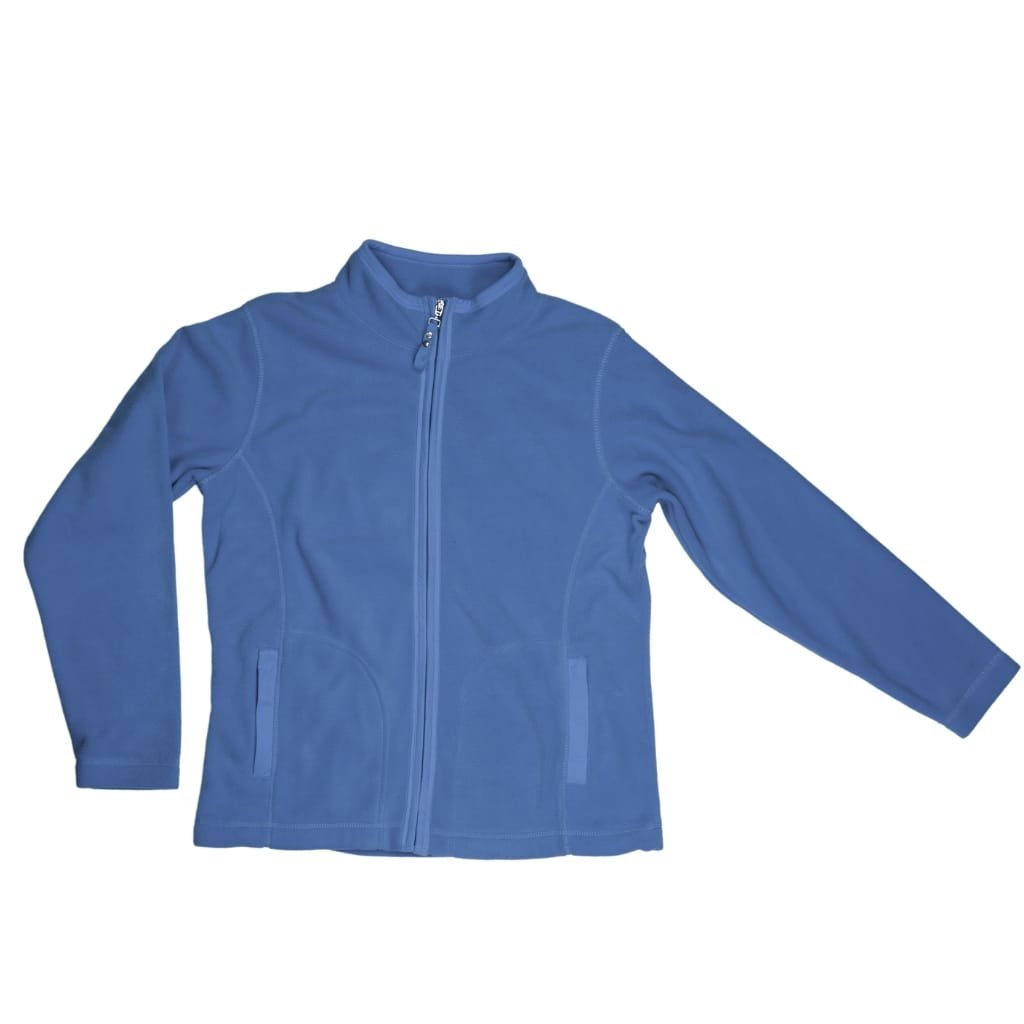 A blue fleece jacket with a full front zipper, standing collar, and two front pockets.

