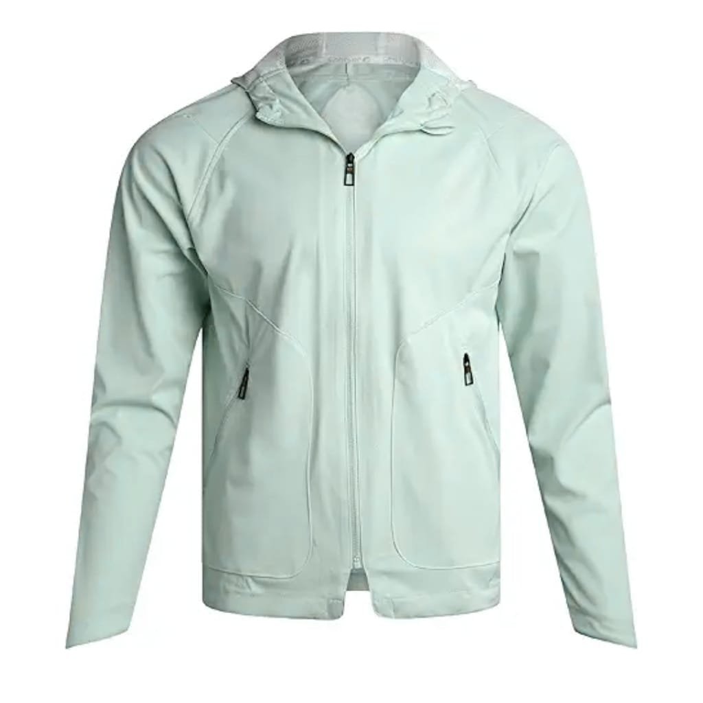A light-colored men's softshell jacket with a full front zipper, two zippered side pockets, and a hood.

