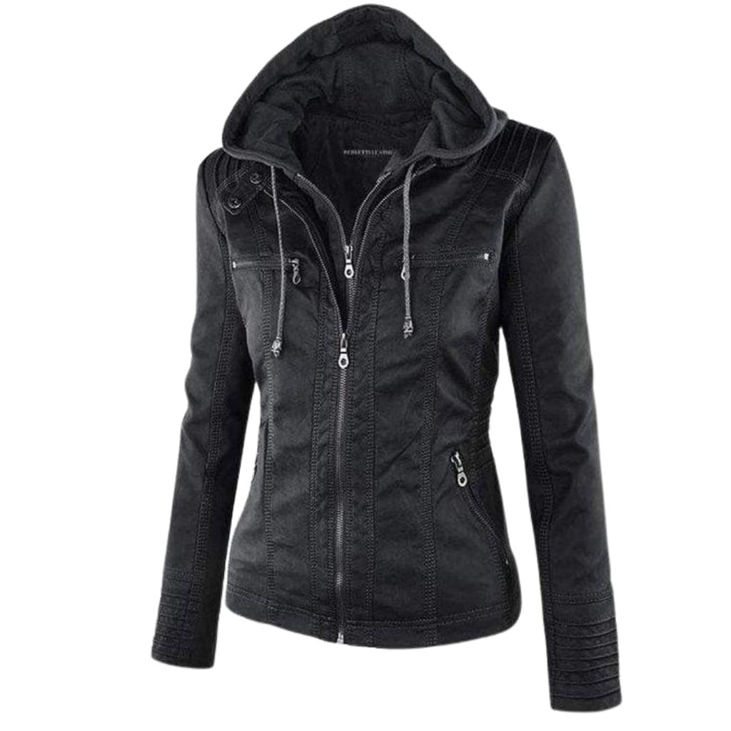 What Is a Leather Jacket? A Timeless Icon of Style and Attitude 33 A black leather jacket with a zipper front, multiple zippered pockets, and quilted detailing on the sleeves, worn over a hoodie.