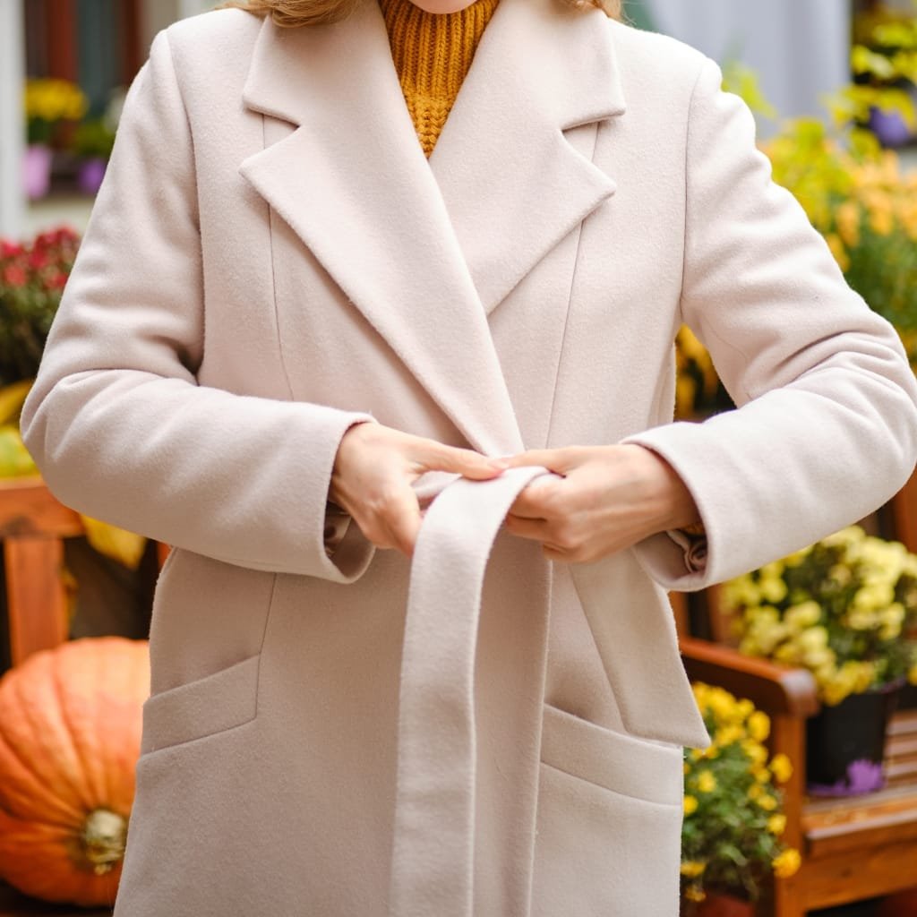 A woman wearing a light beige wrap coat, tying the belt at the waist, standing in a setting with autumn pumpkins and flowers in the background.