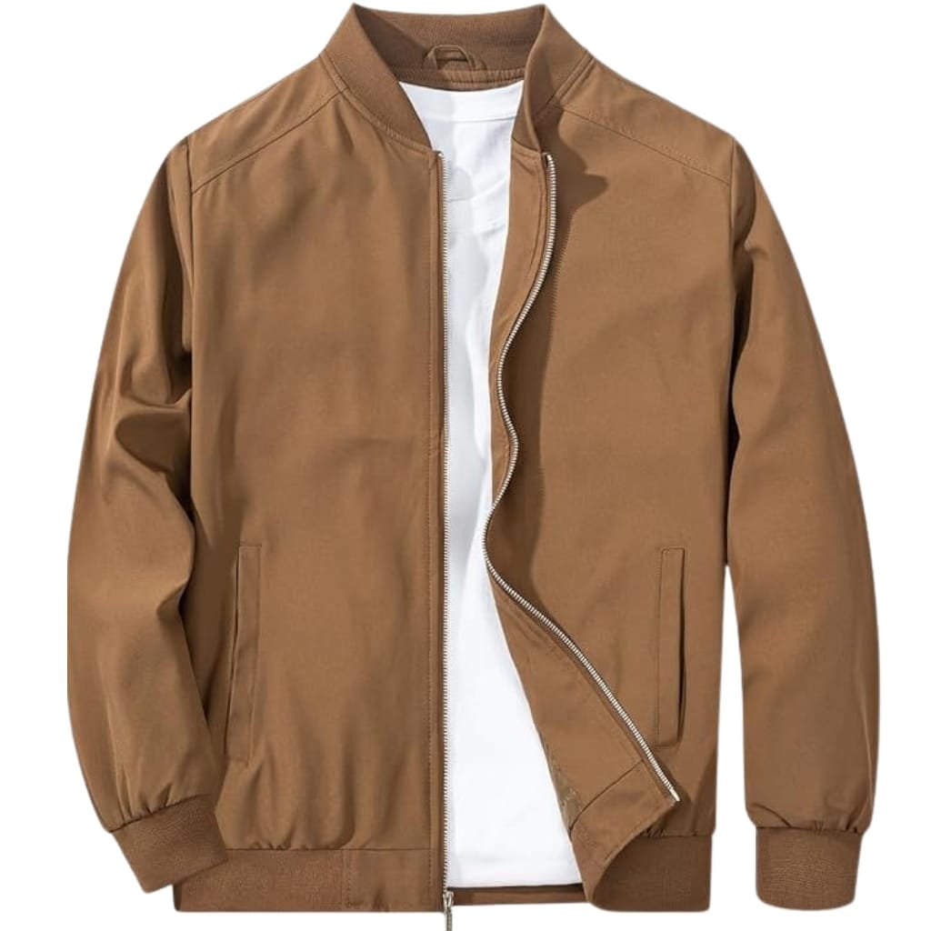A classic tan zip-up bomber jacket with a ribbed collar, cuffs, and hem, shown open to reveal a white inner shirt.

