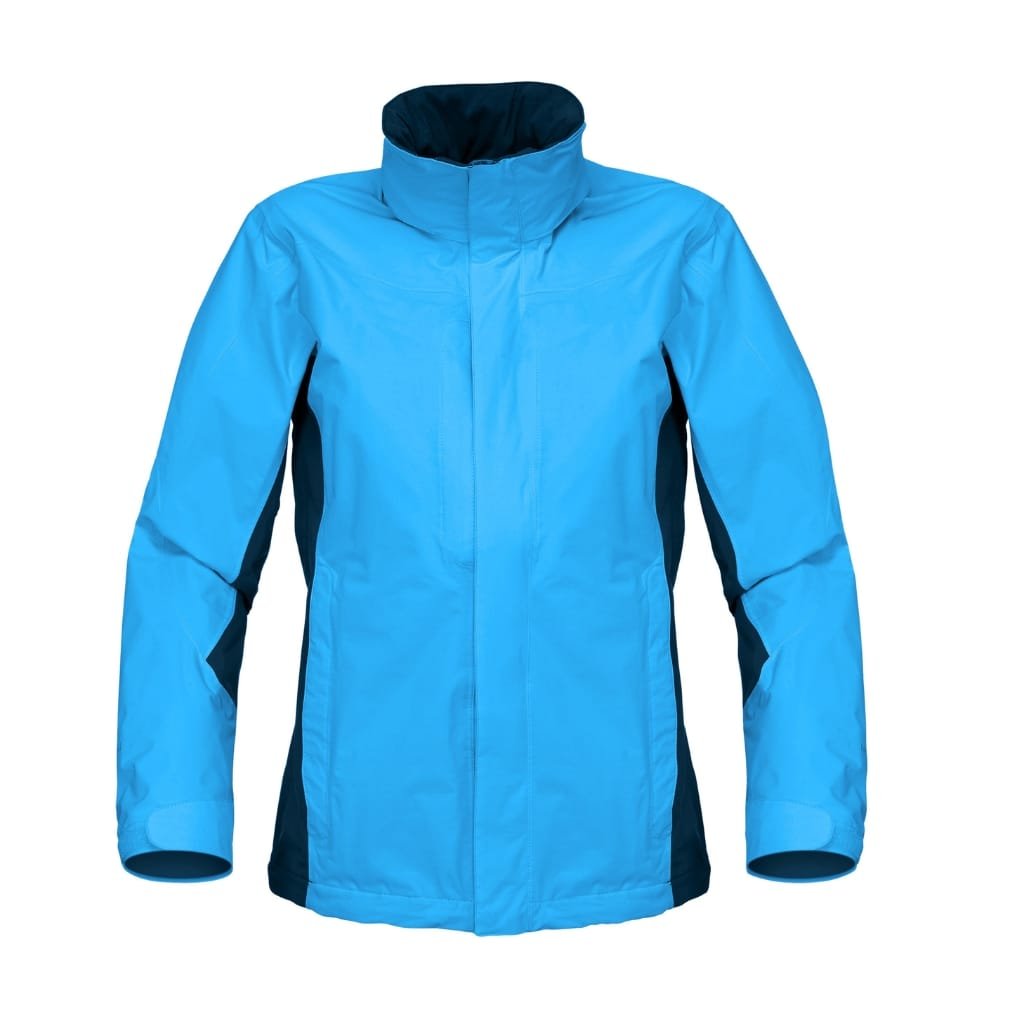A light blue windbreaker jacket with dark blue side panels and a high collar, displayed against a white background.

