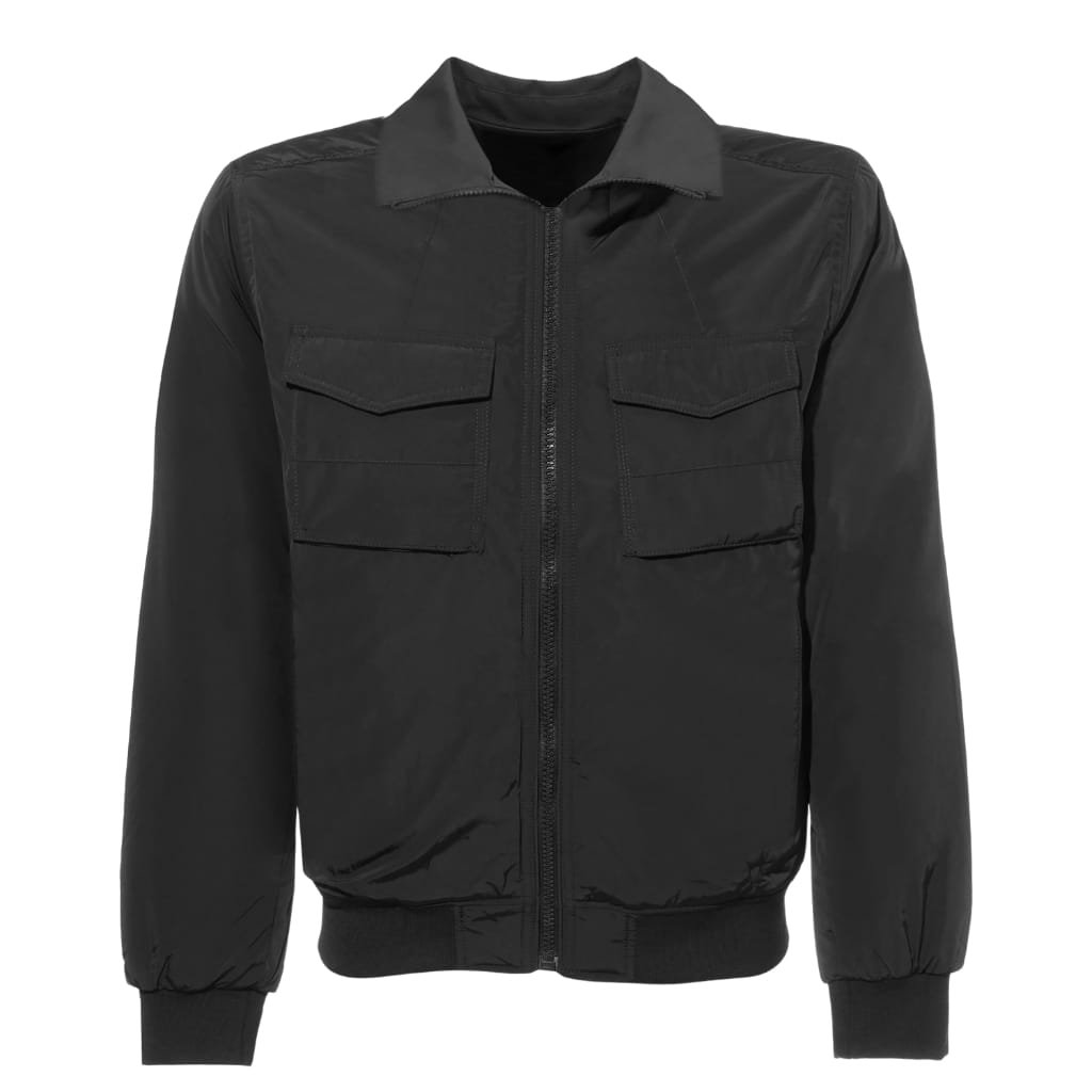 Black bomber-style shirt jacket hybrid with a front zipper, two flap chest pockets, and elastic cuffs and waistband.