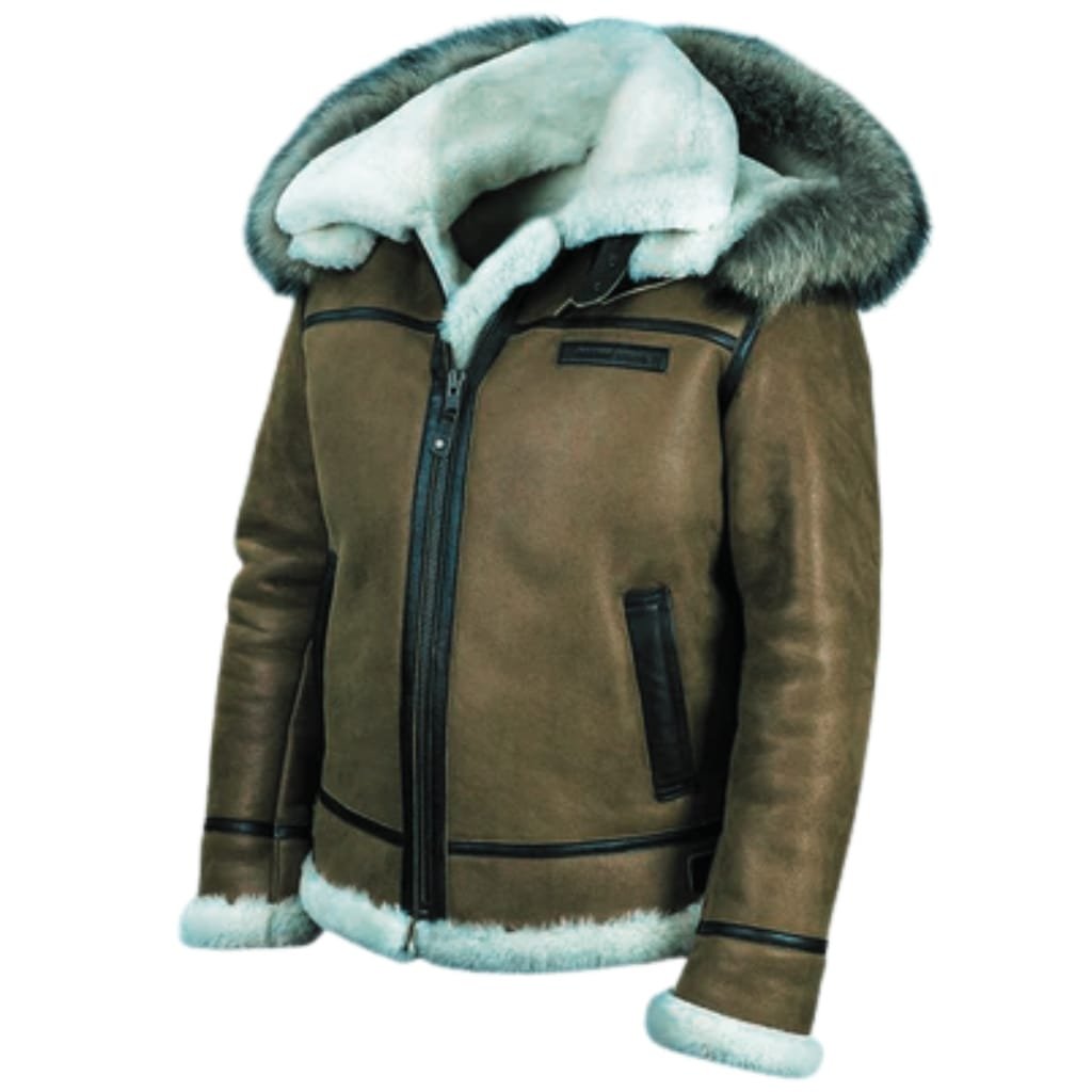 A brown shearling jacket with black leather accents and a large, plush white fleece collar and cuffs, displayed against a plain background.