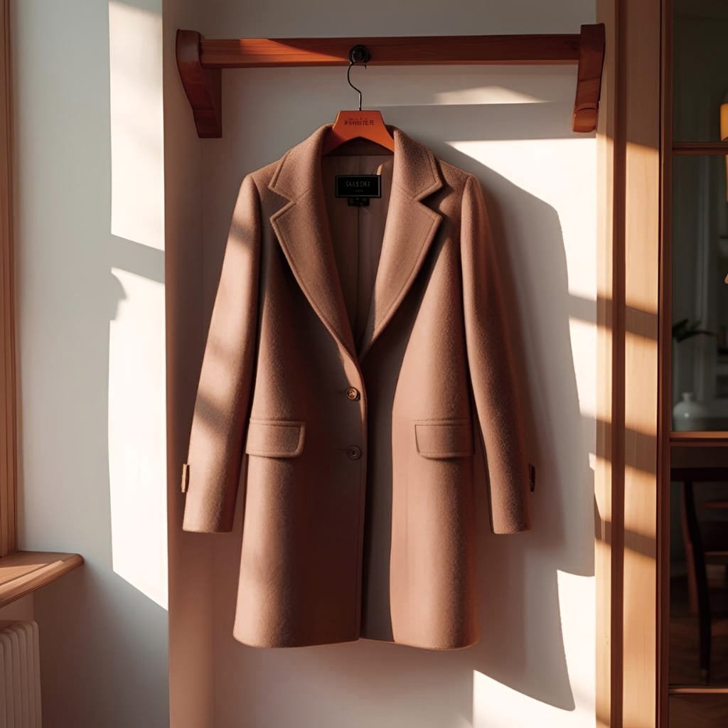 A soft pinkish-beige wool coat hanging on a wooden hanger against a well-lit wall with warm sunlight.

