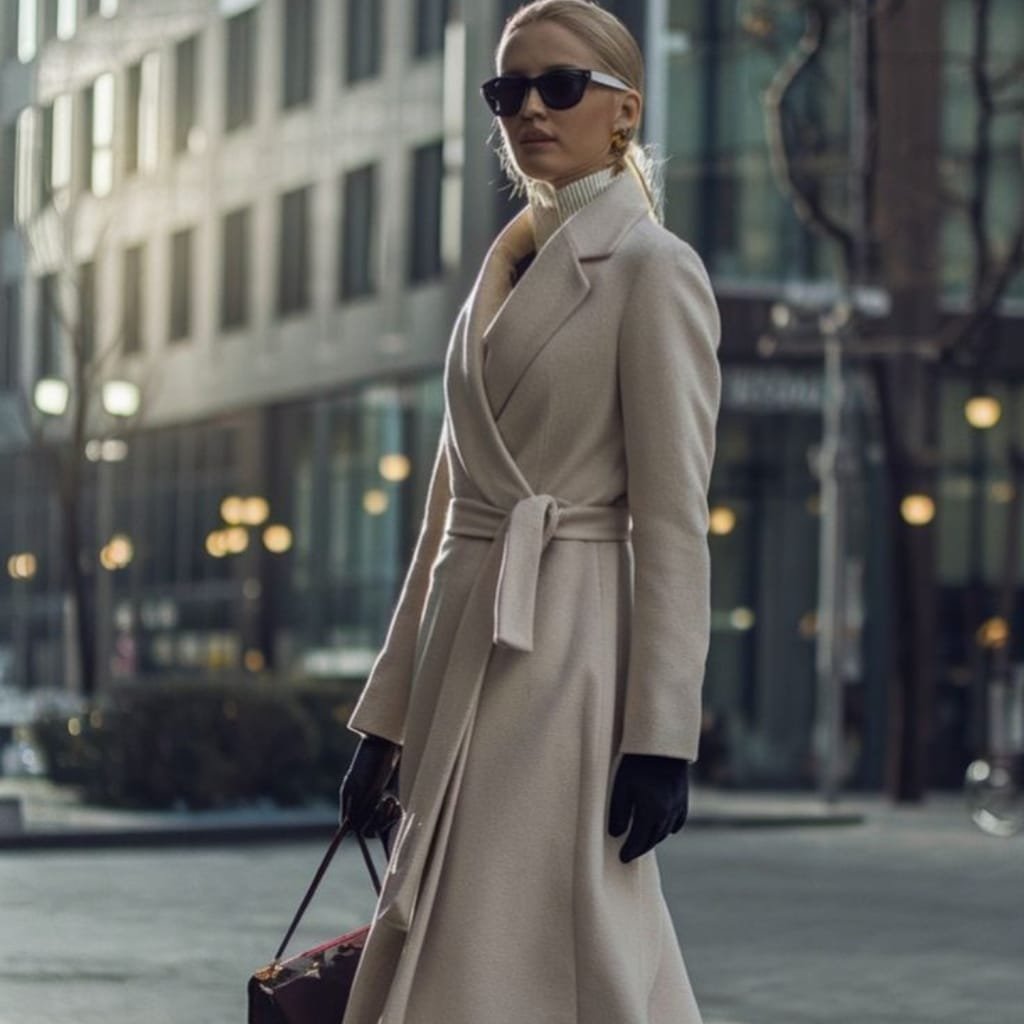 A stylish woman in a sleek, beige wrap coat tied at the waist, wearing sunglasses and black gloves, walking in an urban setting with modern buildings and blurred city lights in the background.