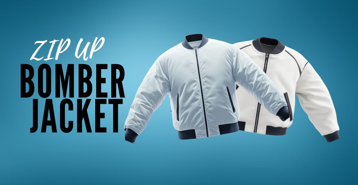 Zip Up Bomber Jacket Trends: The Ultimate Outerwear Essential Two white zip-up bomber jackets with black accents displayed against a blue background; text reads "Zip Up Bomber Jacket."