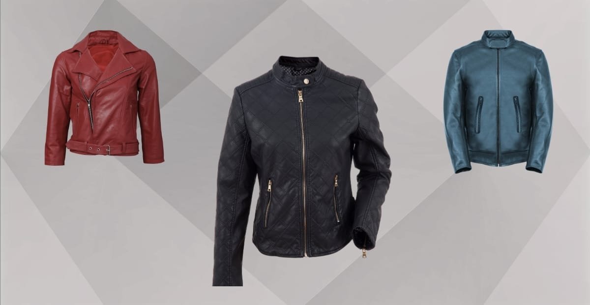 Zipper Jacket for Womens: Style, Fit, and Layering Guide Three women's leather jackets displayed against a geometric background: a red jacket on the left, a black quilted jacket in the center, and a teal jacket on the right.