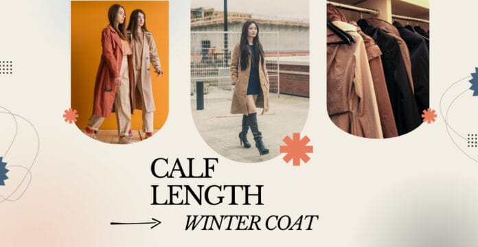 Three women wearing calf-length winter coats in different settings: one with a rust-colored coat against an orange background, another with a beige coat outdoors, and a wardrobe filled with various coats.