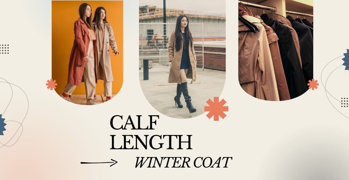 Calf Length Winter Coat Styles for Warm and Sophisticated Outfits Three women wearing calf-length winter coats in different settings: one with a rust-colored coat against an orange background, another with a beige coat outdoors, and a wardrobe filled with various coats.