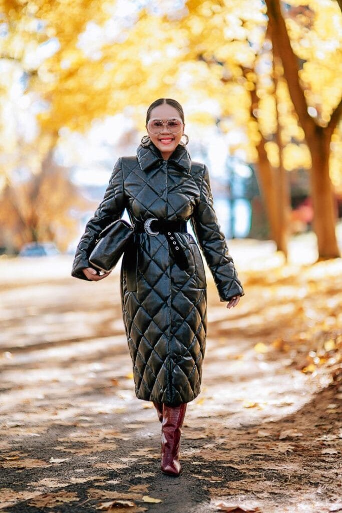 People wearing puffer coats in different settings, including a snowy park, city streets, and a mountain trail.