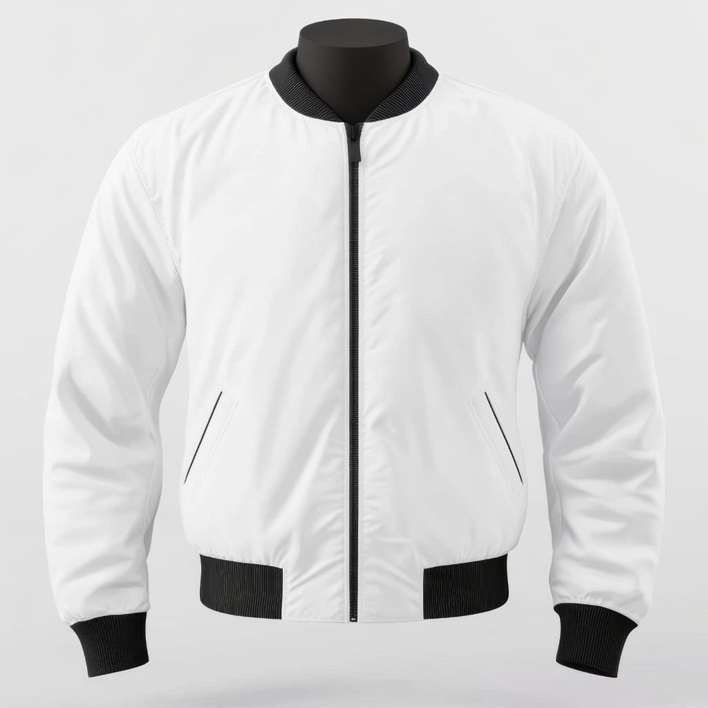 White fitted A-1 bomber jacket with black ribbed collar, cuffs, and waistband, featuring a front zipper and side pockets.

