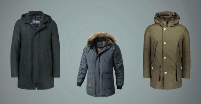 Three heavy winter coats displayed side by side on a light gray background, with the middle coat featuring a fur-lined hood and the right coat having a button-up front with a hood.