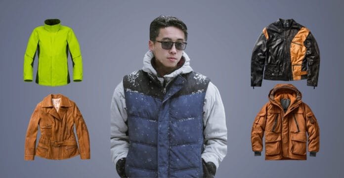 A person wearing a grey hoodie and a puffy navy blue and black winter jacket, surrounded by four additional heavy-duty winter jackets in various colors and styles on a grey background.