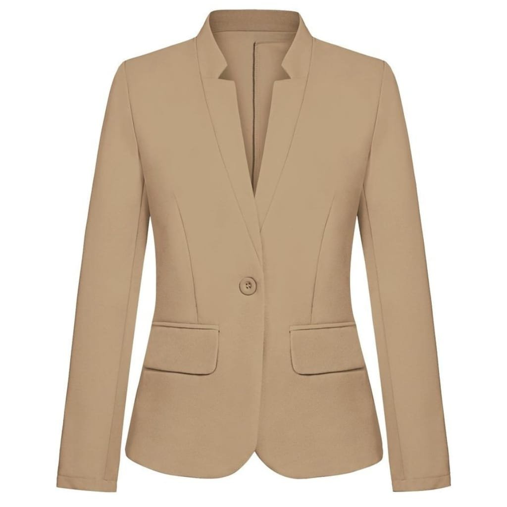 Chic ladies blazer jacket in beige with tailored fit and single-button closure, styled for versatility.