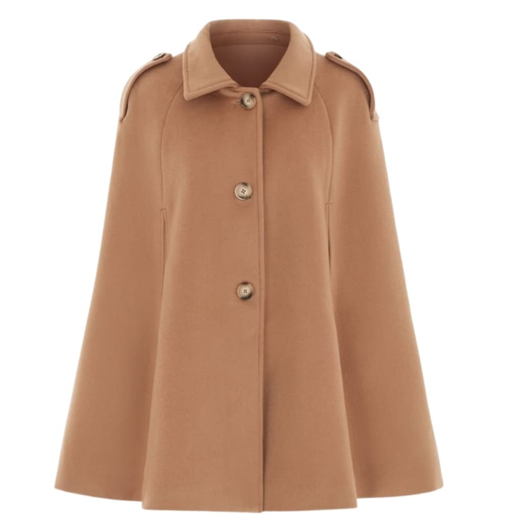 Elegant ladies cape jacket in soft camel fabric with open arm slits and flowing silhouette.