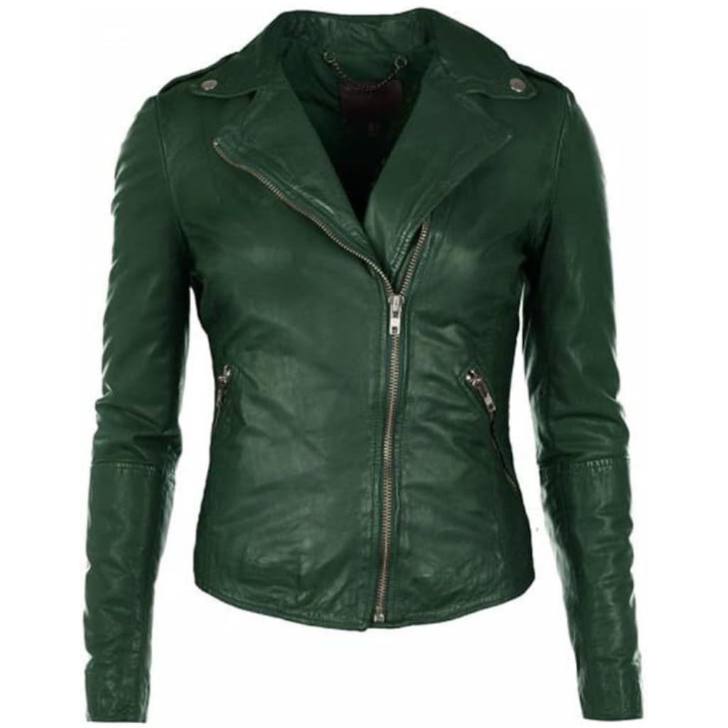 Stylish ladies moto jacket in black leather with asymmetrical zipper and fitted silhouette.