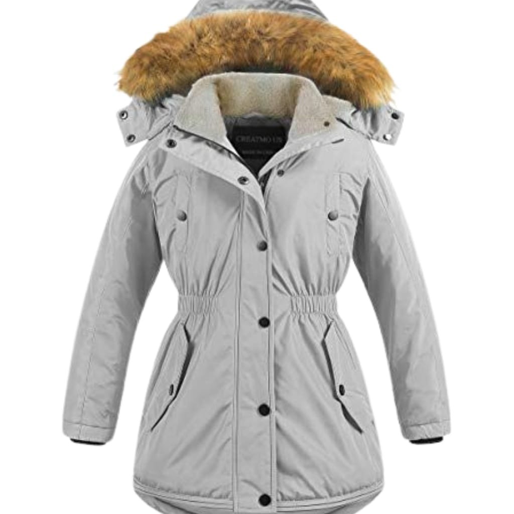 Warm ladies parka jacket with faux fur hood, long length, and insulated lining for winter weather.