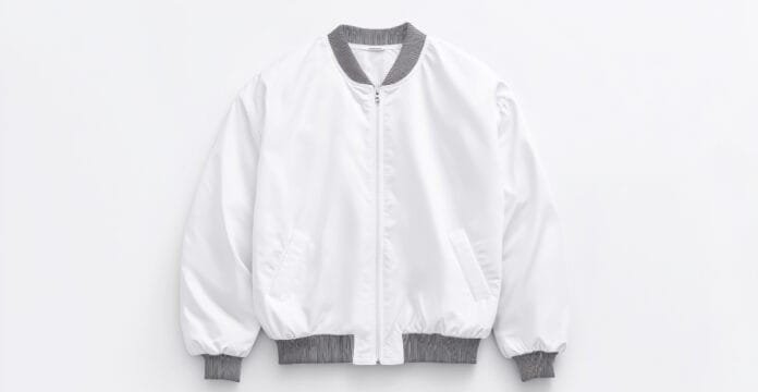 A white reversible bomber jacket with gray ribbed collar, cuffs, and waistband, displayed against a plain background.