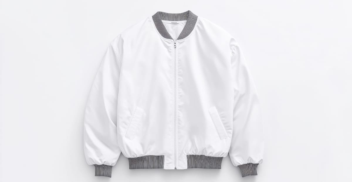 How to Style Reversible Bomber Jacket for Versatile Everyday A white reversible bomber jacket with gray ribbed collar, cuffs, and waistband, displayed against a plain background.
