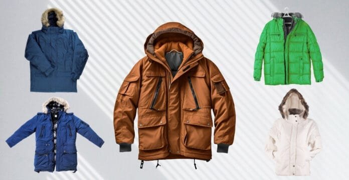 A collection of five winter jackets including a large central brown parka with multiple pockets and zippers, surrounded by four other jackets in blue, green, navy blue, and white, all displayed against a light background with diagonal shadows.